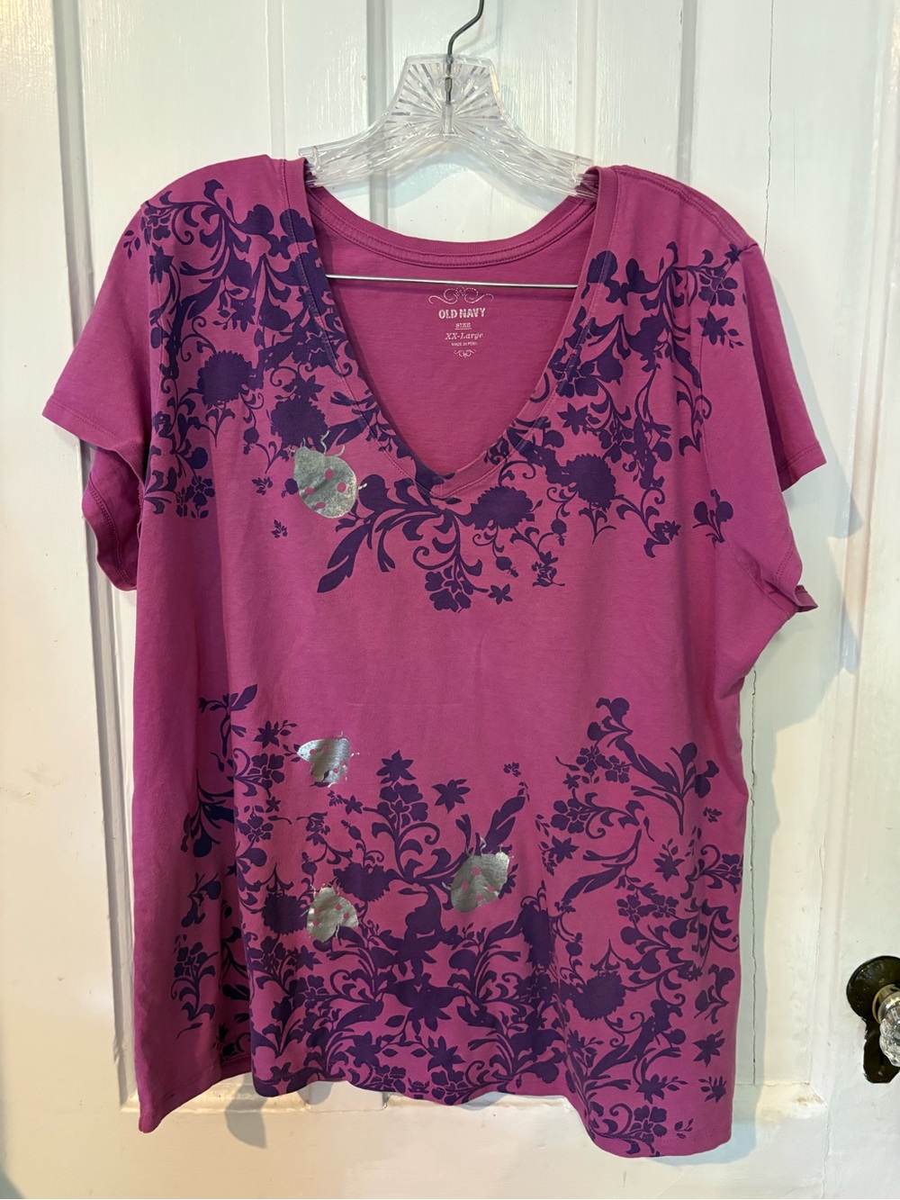 Vintage Old Navy Women's Magenta V-Neck Floral Print Top